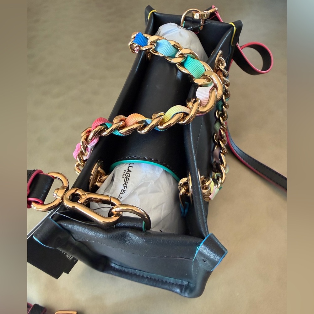 Karl Lagerfeld Paris Savoie Small Leather Black Crossbody with Multicolor Chain - Picture 6 of 13